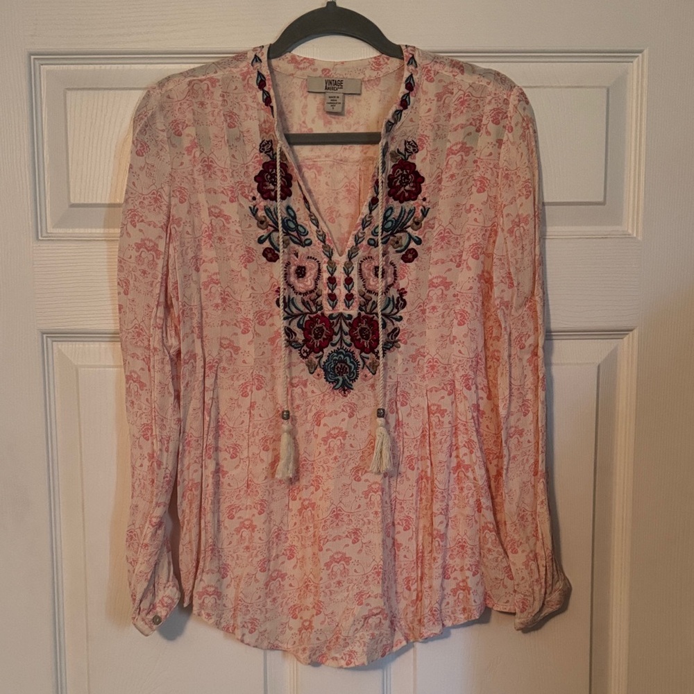 Vintage America Pink Floral Embroidered Blouse